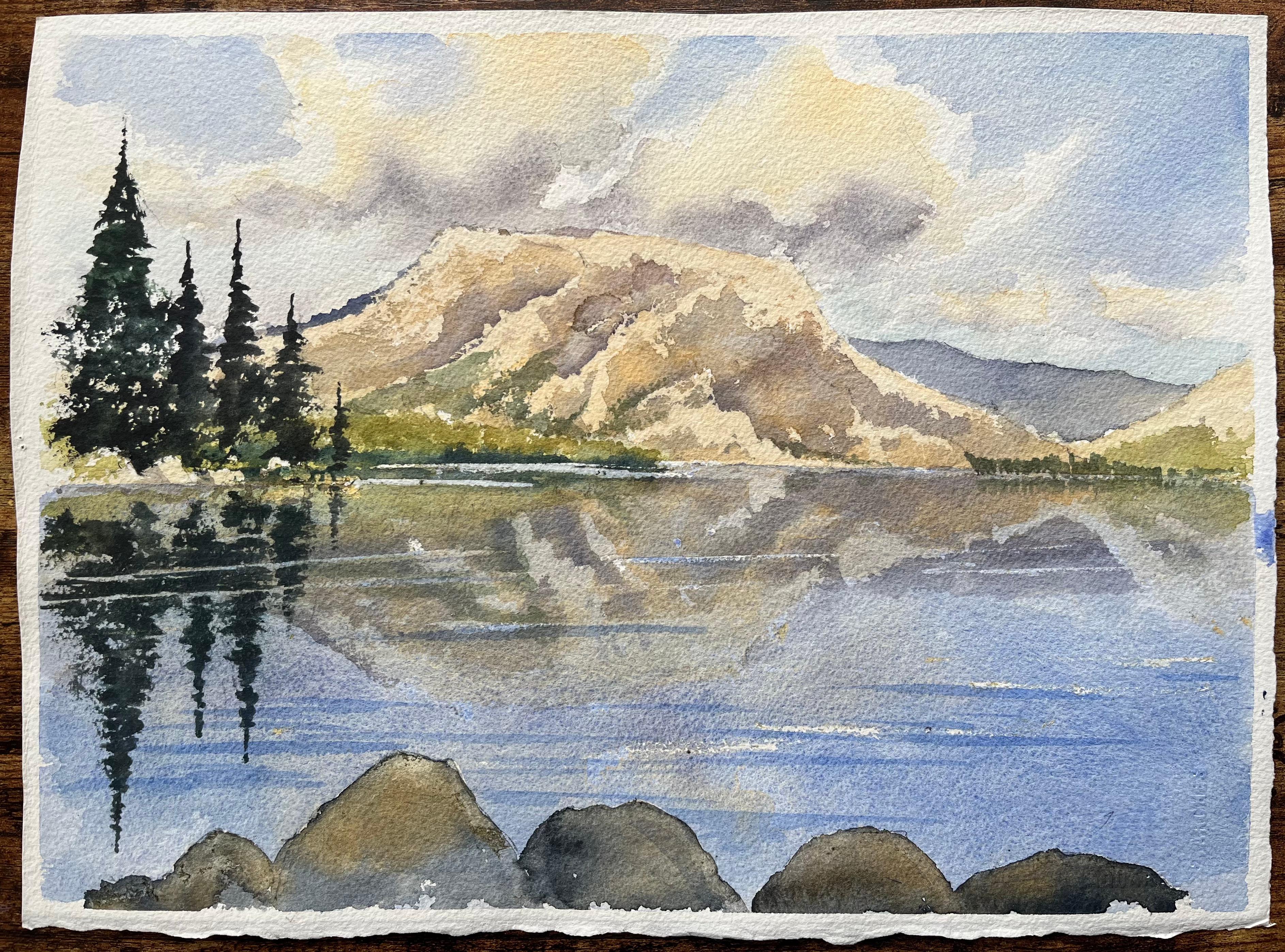 Acuarela impresionista británica de lago de montaña con reflejos - Painting de Anthony Avery