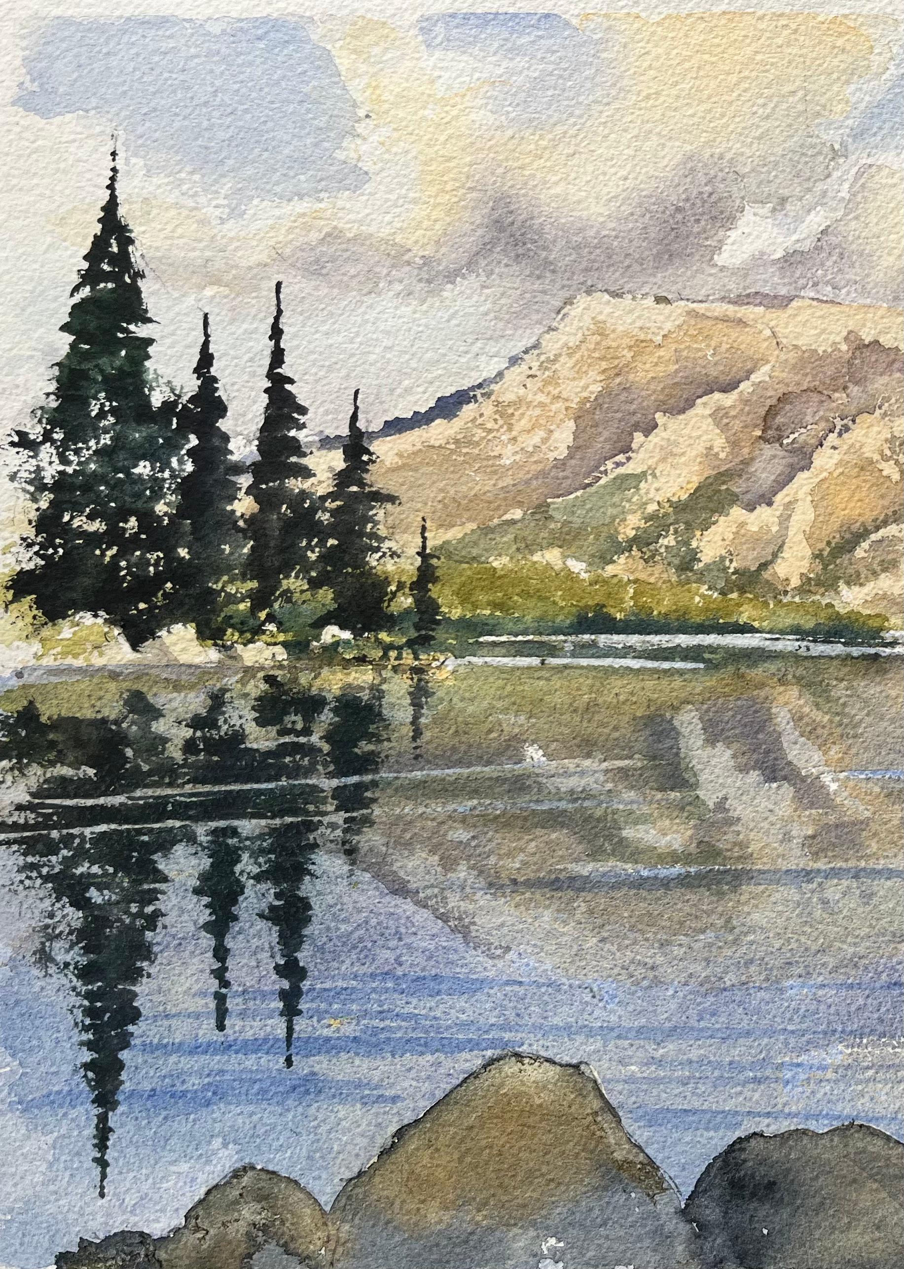 Título: Acuarela impresionista británica de lago de montaña con reflejos
de Anthony Avery (británico 1946-2023)
Acuarela original sobre papel de artista, sin enmarcar
Dimensiones: 11,25 x 15,25 pulgadas (Alto x Ancho)
Estado: Bueno 
Procedencia: de