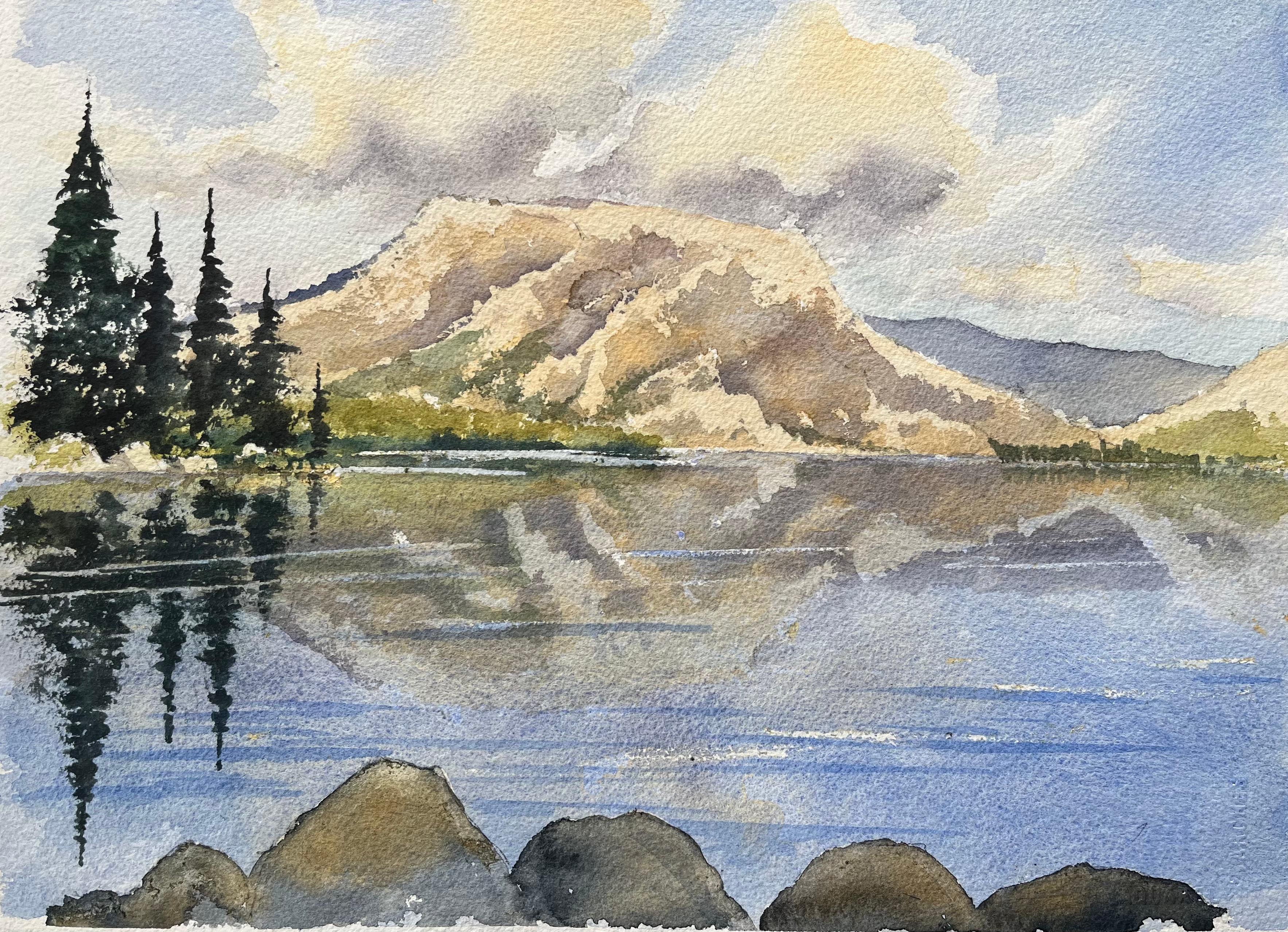 Aquarelle impressionniste britannique représentant un lac de montagne avec reflets
