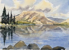 Britisches impressionistisches Aquarell eines Bergseees mit Reflexionen