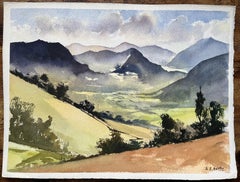 British Impressionist Watercolor of Mountain Valley Landscape