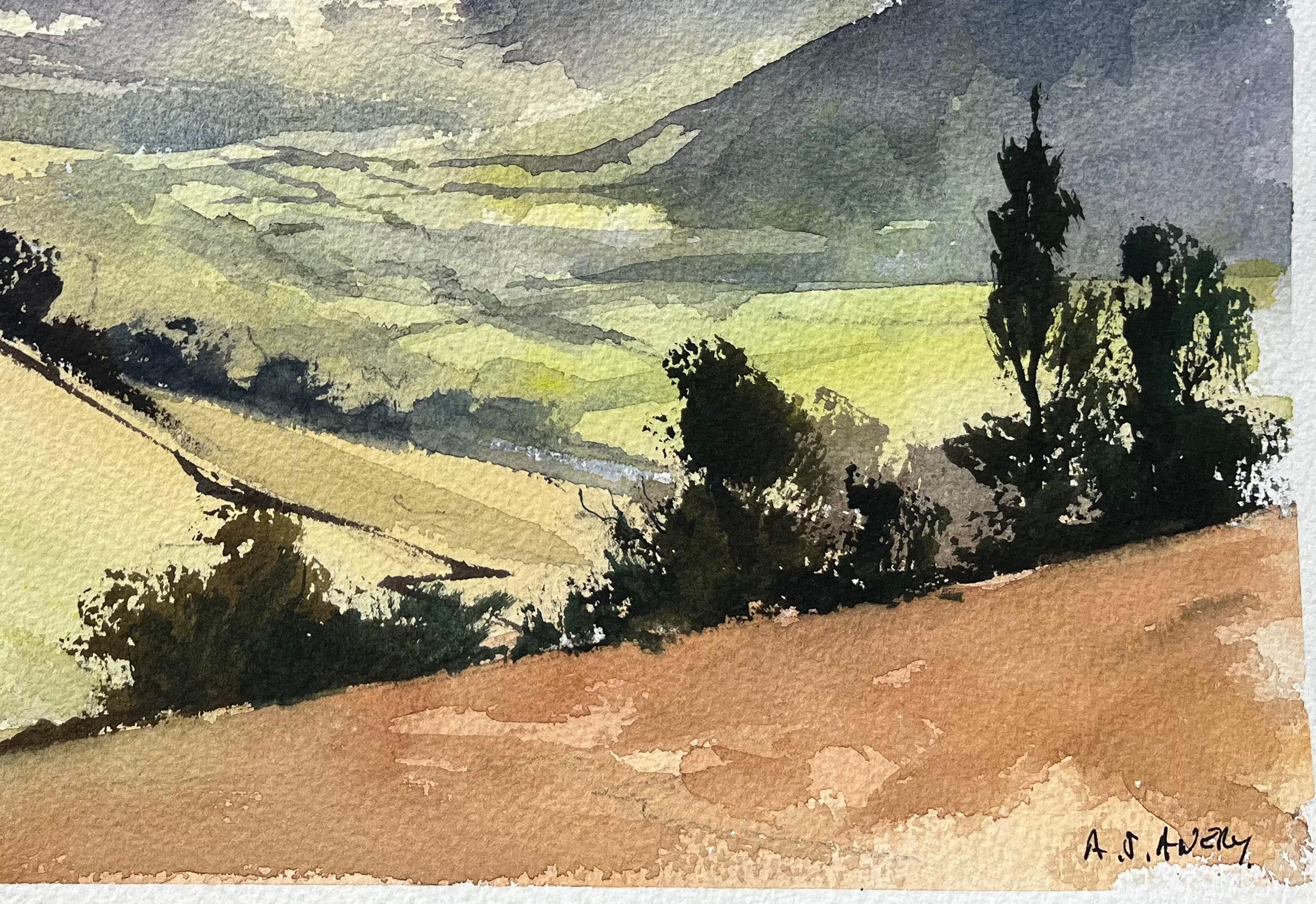 Acuarela impresionista británica de paisaje de valle montañoso - Painting Impresionista de Anthony Avery
