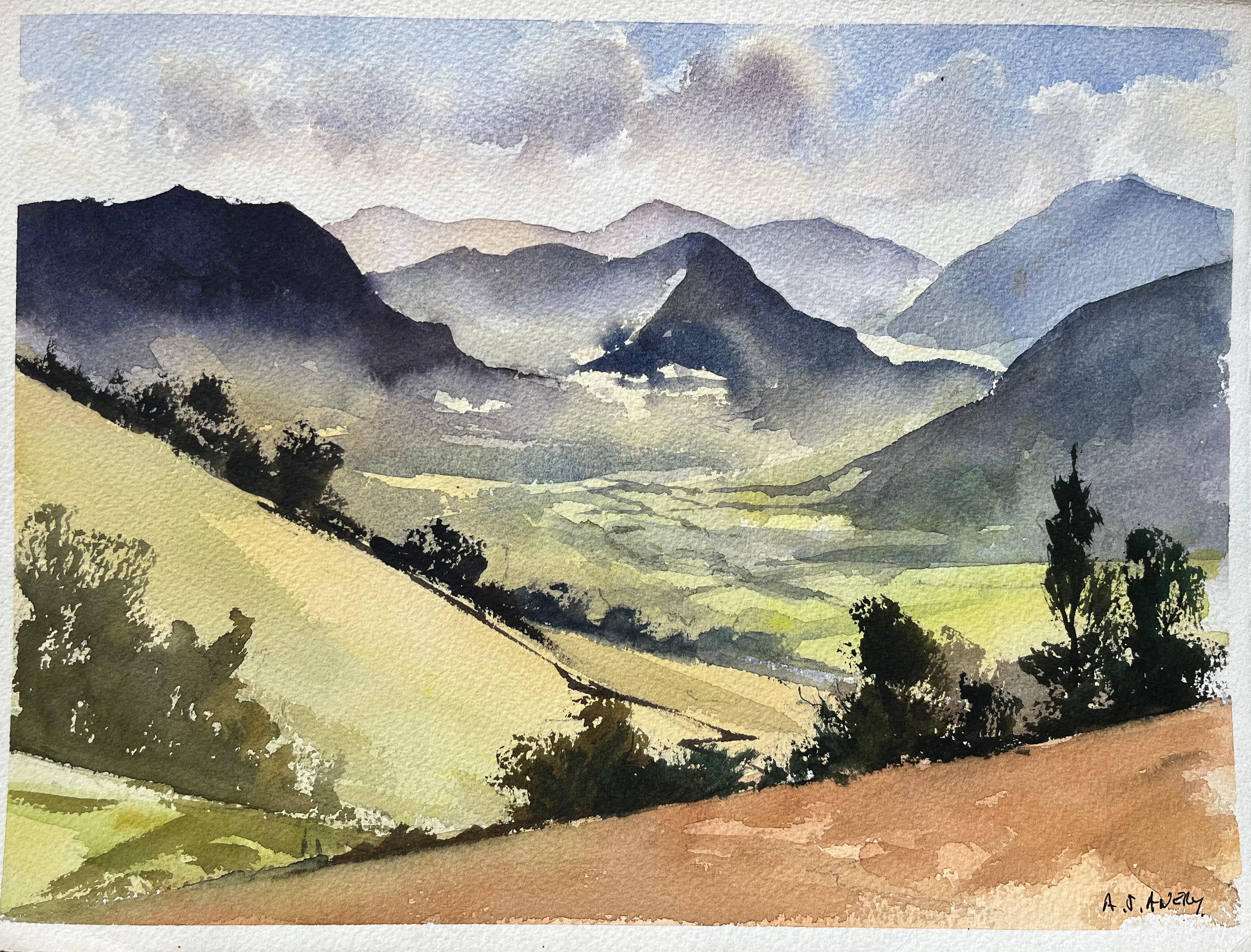 Landscape Painting de Anthony Avery - Acuarela impresionista británica de paisaje de valle montañoso