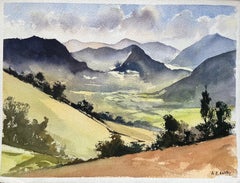 Acquerello impressionista britannico di un paesaggio di una valle di montagna