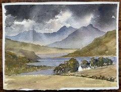 British Impressionist Watercolor of Mountainous Landscape with Lake and Cottage