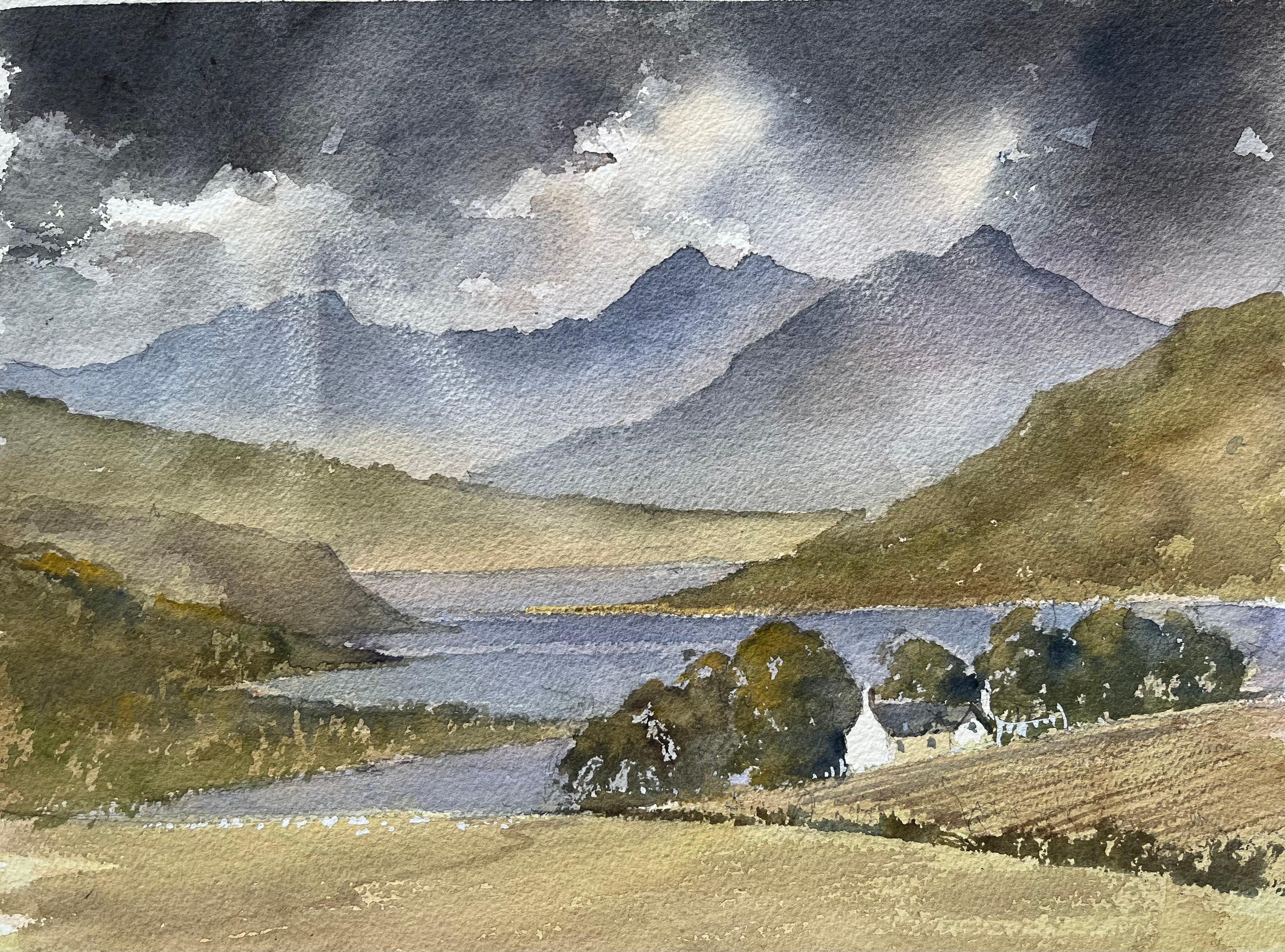 Britisches impressionistisches Aquarell des britischen Impressionismus mit Gebirgslandschaft mit See und Haus