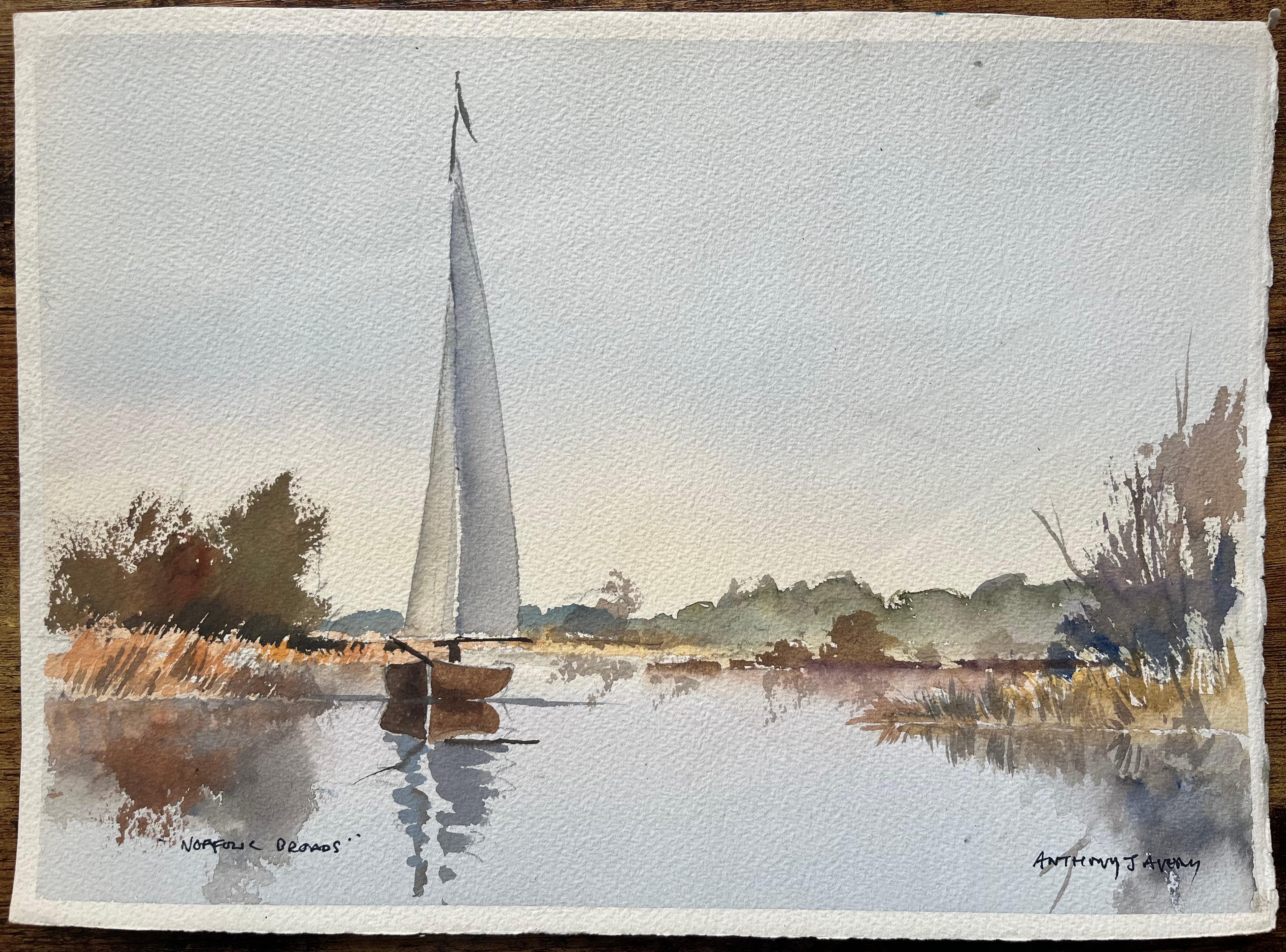 British Impressionist Watercolor of Norfolk Broads” with Sailboat Reflection - Painting by Anthony Avery
