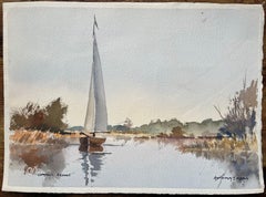 British Impressionist Watercolor of Norfolk Broads” with Sailboat Reflection