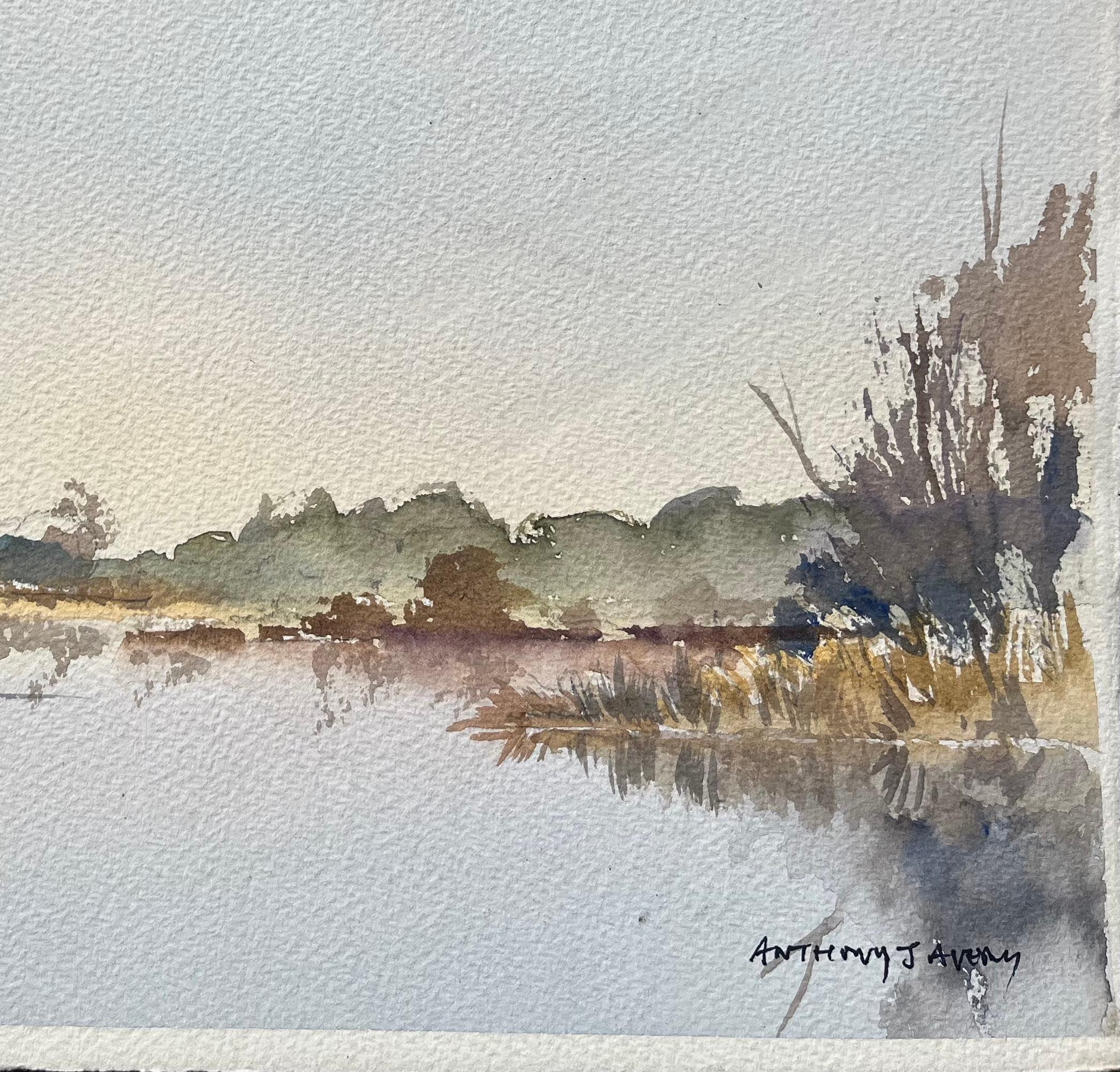 British Impressionist Watercolor of Norfolk Broads” with Sailboat Reflection - Gray Landscape Painting by Anthony Avery
