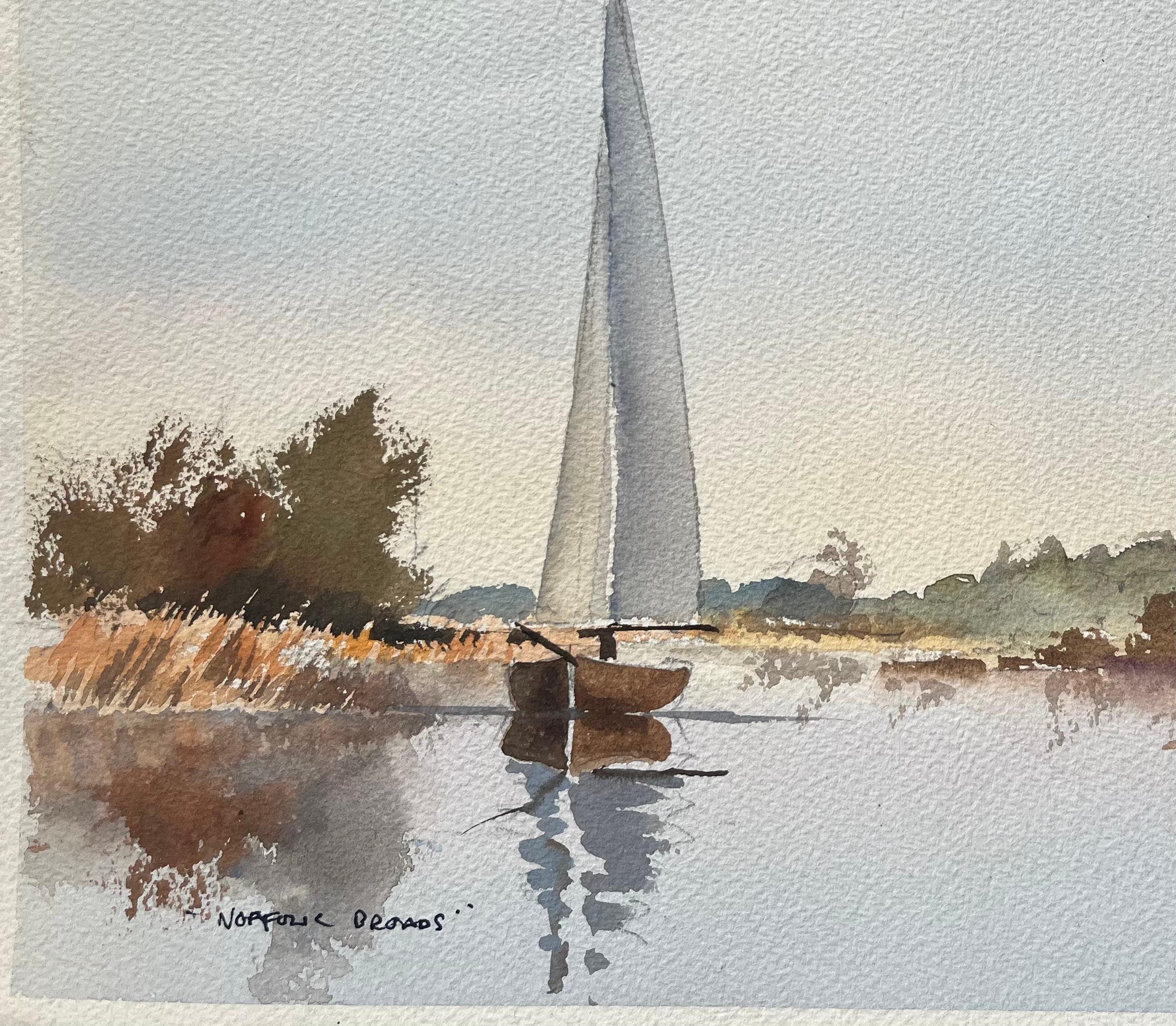 British Impressionist Watercolor of Norfolk Broads” with Sailboat Reflection For Sale 1