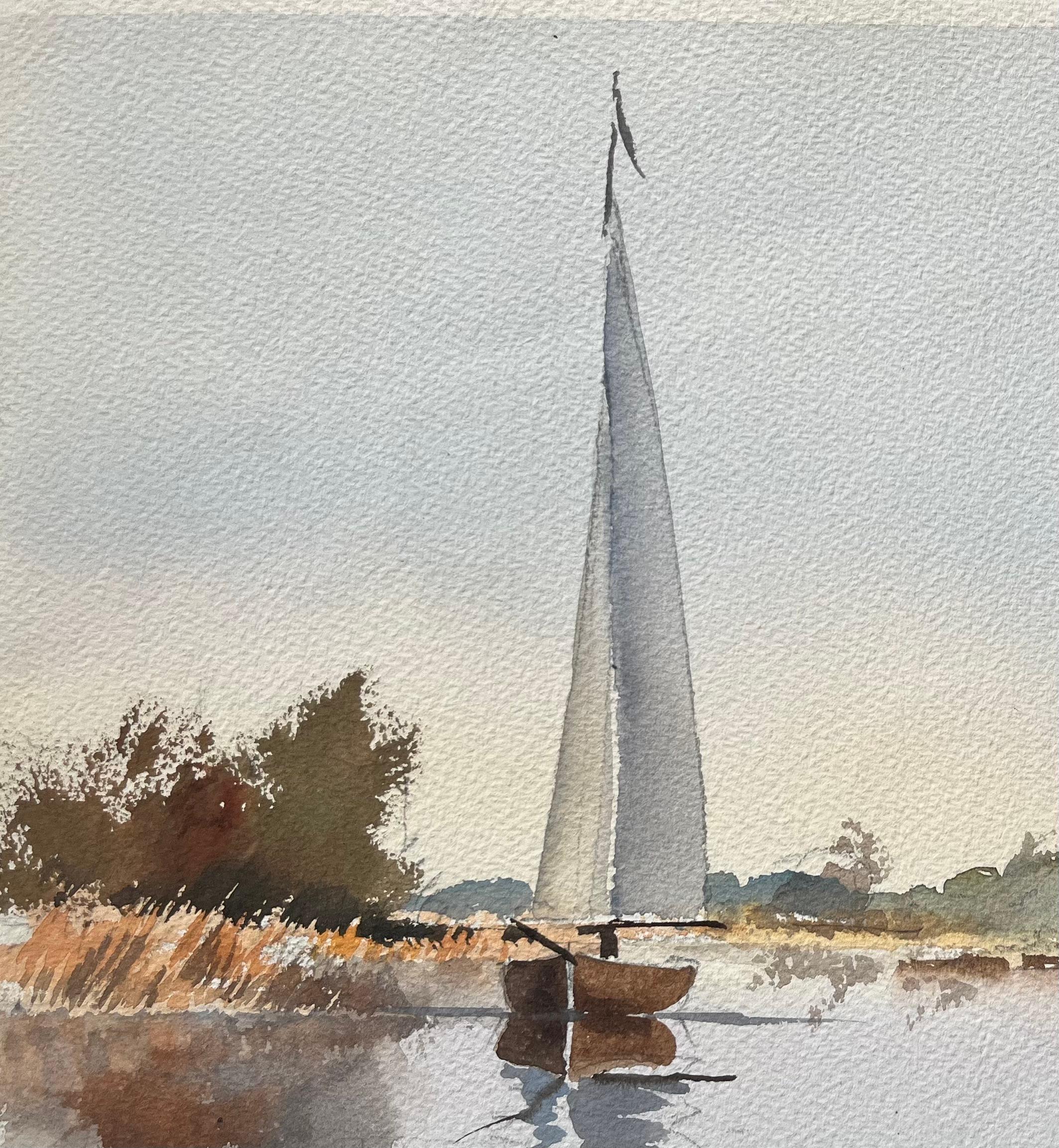 British Impressionist Watercolor of Norfolk Broads” with Sailboat Reflection For Sale 2