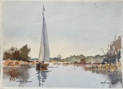 British Impressionist Watercolor of Norfolk Broads” with Sailboat Reflection