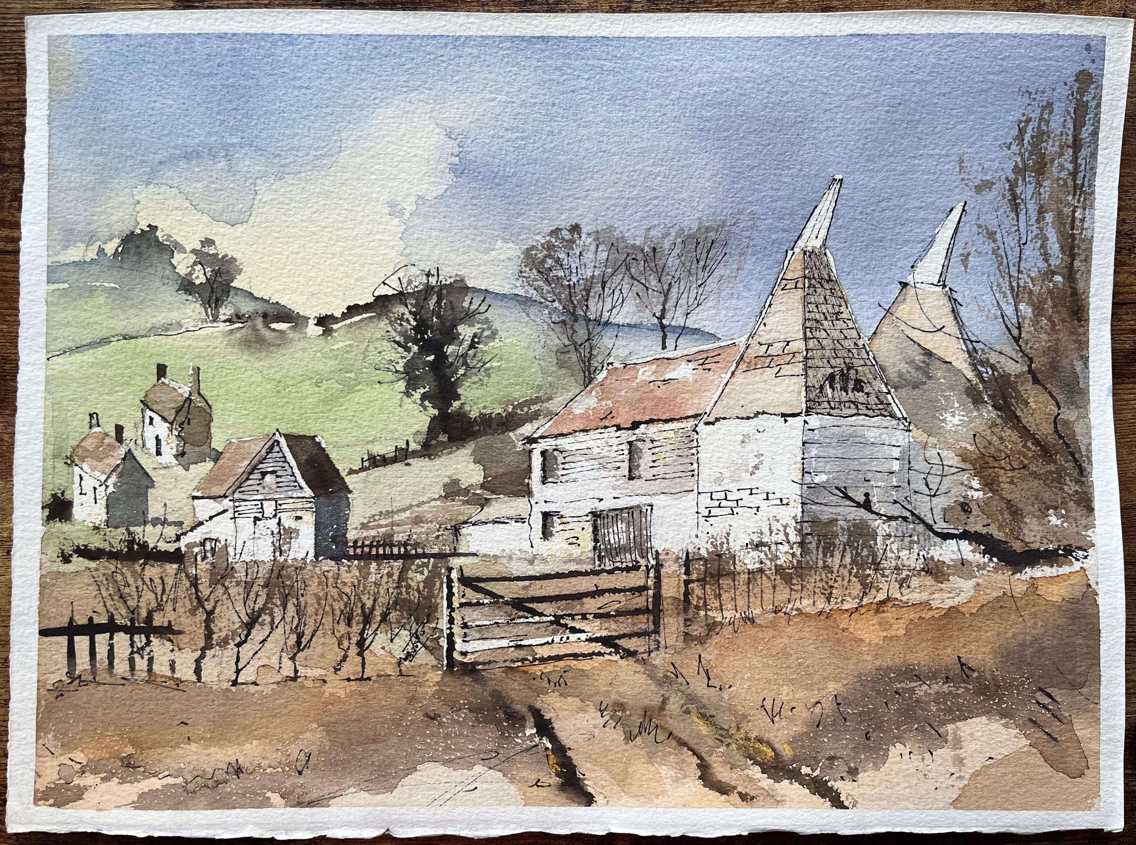 Britisches impressionistisches Aquarell von östlichen Häusern im Landhausstil – Painting von Anthony Avery