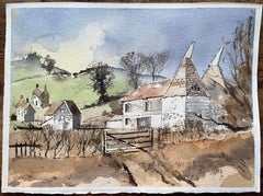 British Impressionist Watercolor of Oast Houses in the Countryside