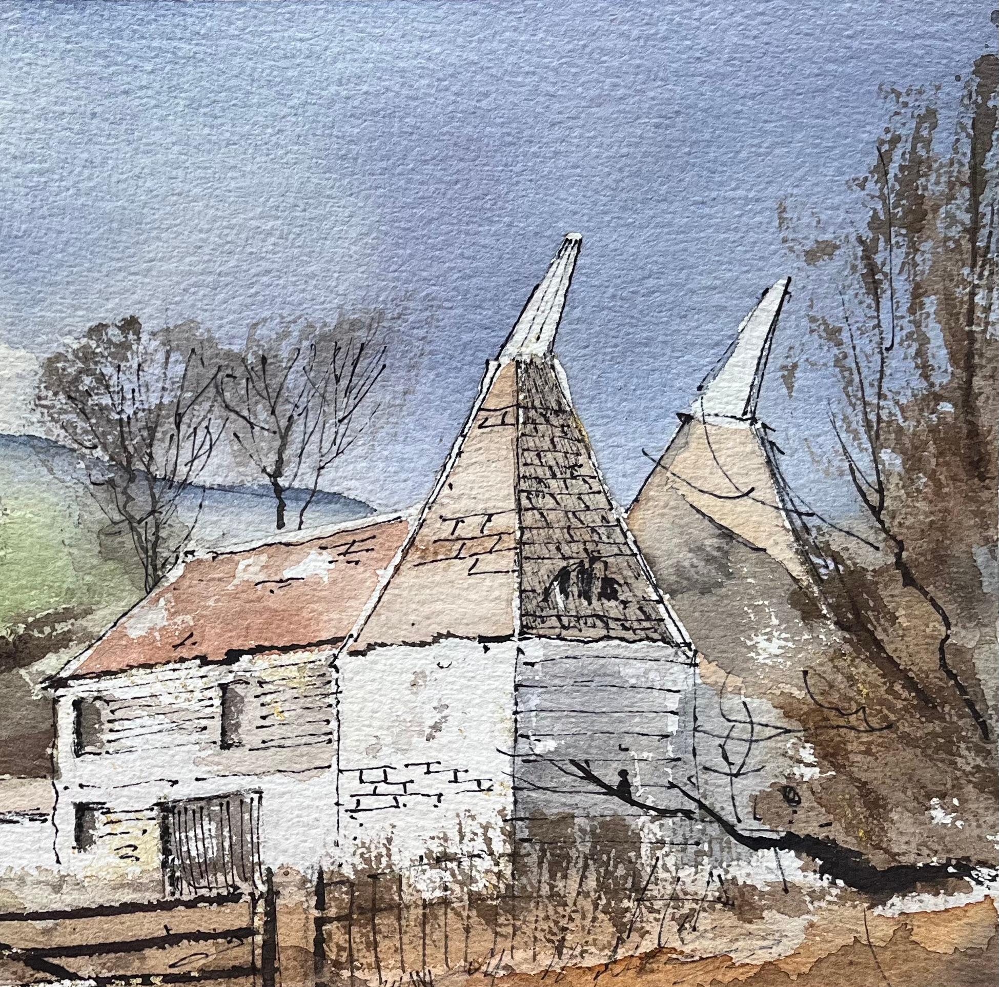 Britisches impressionistisches Aquarell von östlichen Häusern im Landhausstil (Impressionismus), Painting, von Anthony Avery
