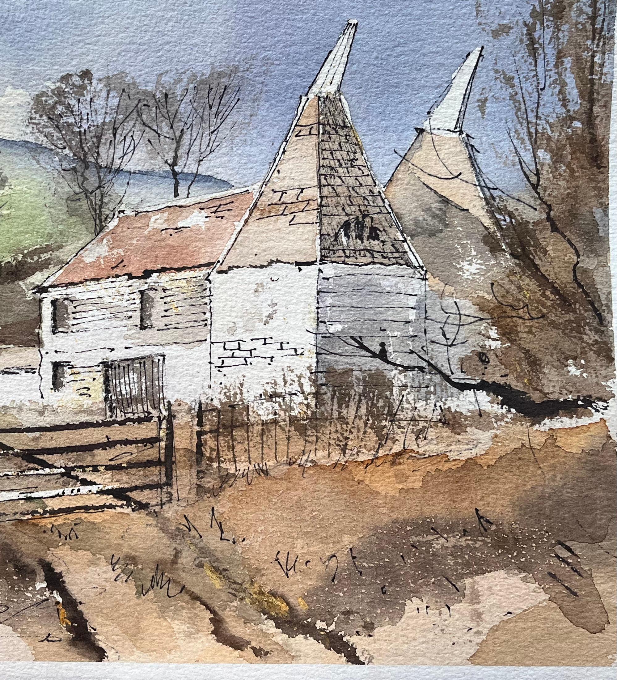 Britisches impressionistisches Aquarell von östlichen Häusern im Landhausstil (Grau), Landscape Painting, von Anthony Avery