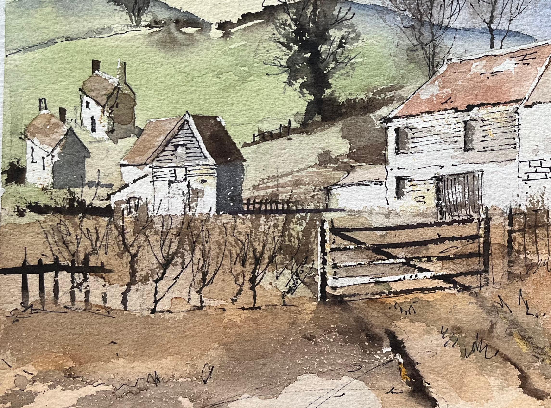 Titel: Aquarell eines britischen Impressionisten mit Öfen auf dem Lande
Von Anthony Avery (Brite 1946-2023)
Original-Aquarell auf Künstlerpapier, ungerahmt
Abmessungen: 11,25 x 15,25 Zoll (Höhe x Breite)
Zustand: Gut, mit leichten