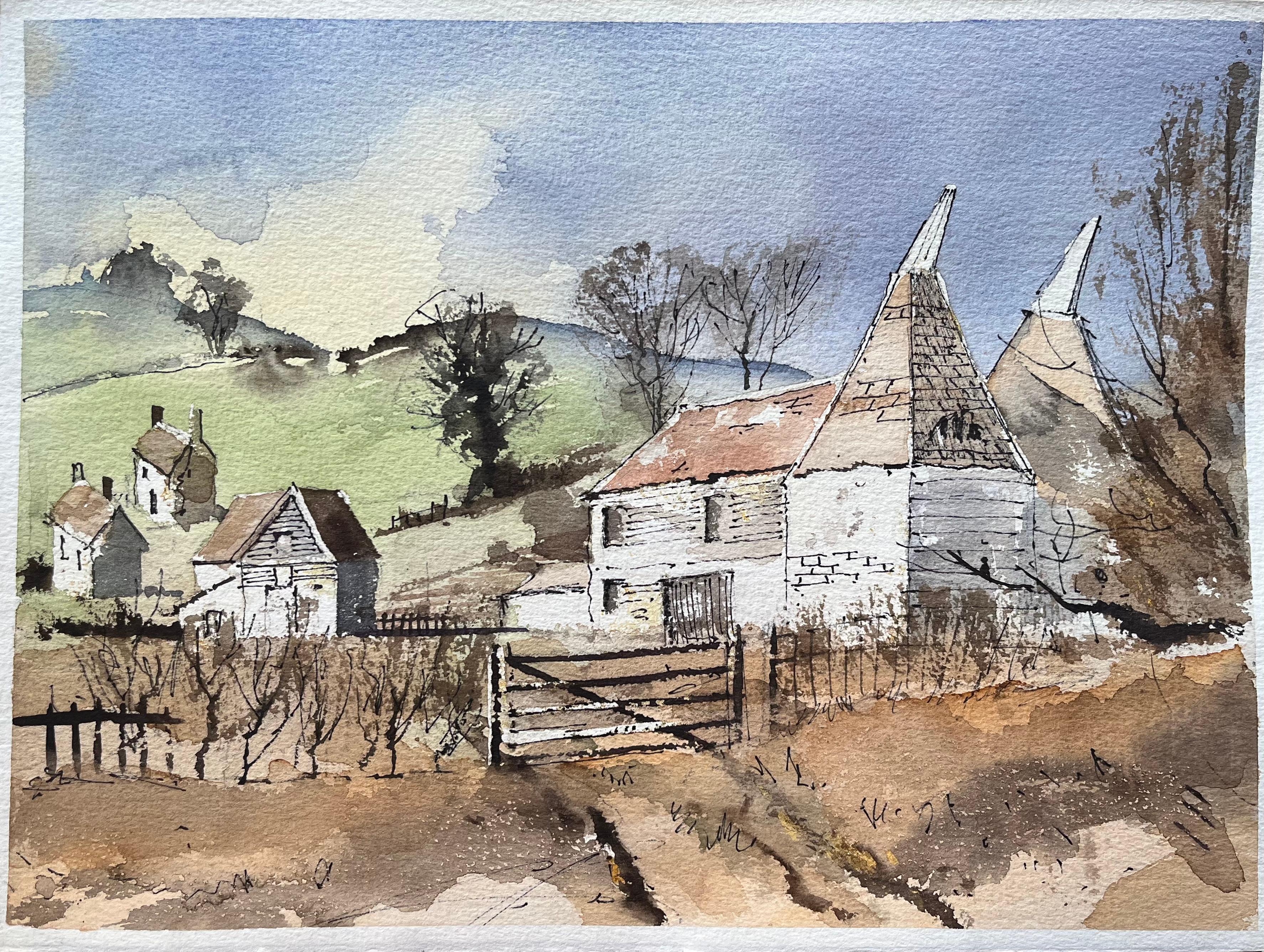 Britisches impressionistisches Aquarell von östlichen Häusern im Landhausstil