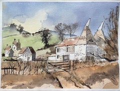 British Impressionist Watercolor of Oast Houses in the Countryside