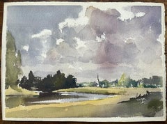 British Impressionist Watercolor of Pastoral Landscape with Dramatic Sky