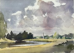 Britischer Impressionist Aquarell der pastoralen Landschaft mit dramatischem Himmel