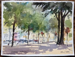 British Impressionist Watercolor of “Promenade Cheltenham” with Trees and Figure