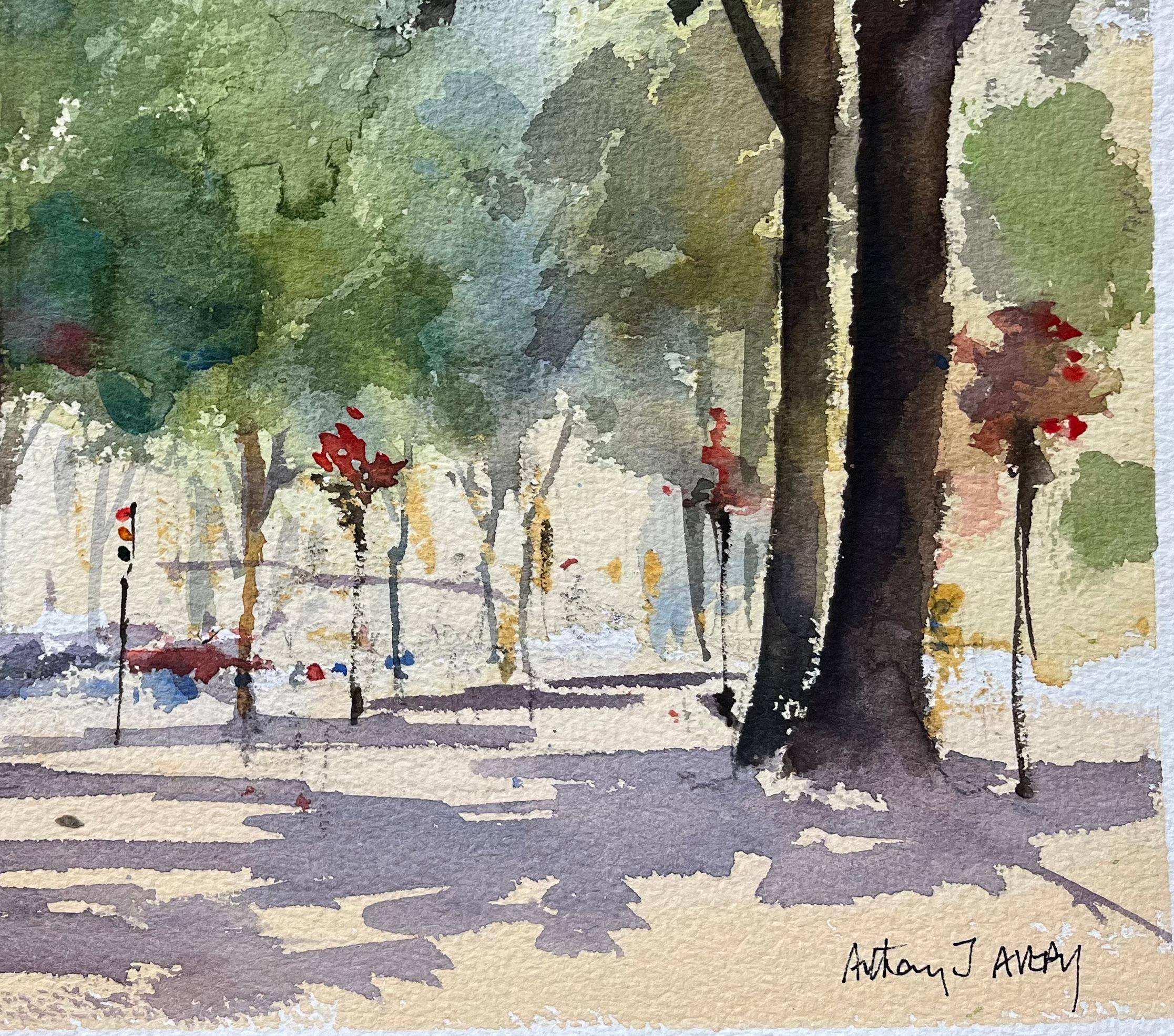 Aquarelle impressionniste britannique de Promenade Cheltenham avec arbres et personnage - Impressionnisme Painting par Anthony Avery