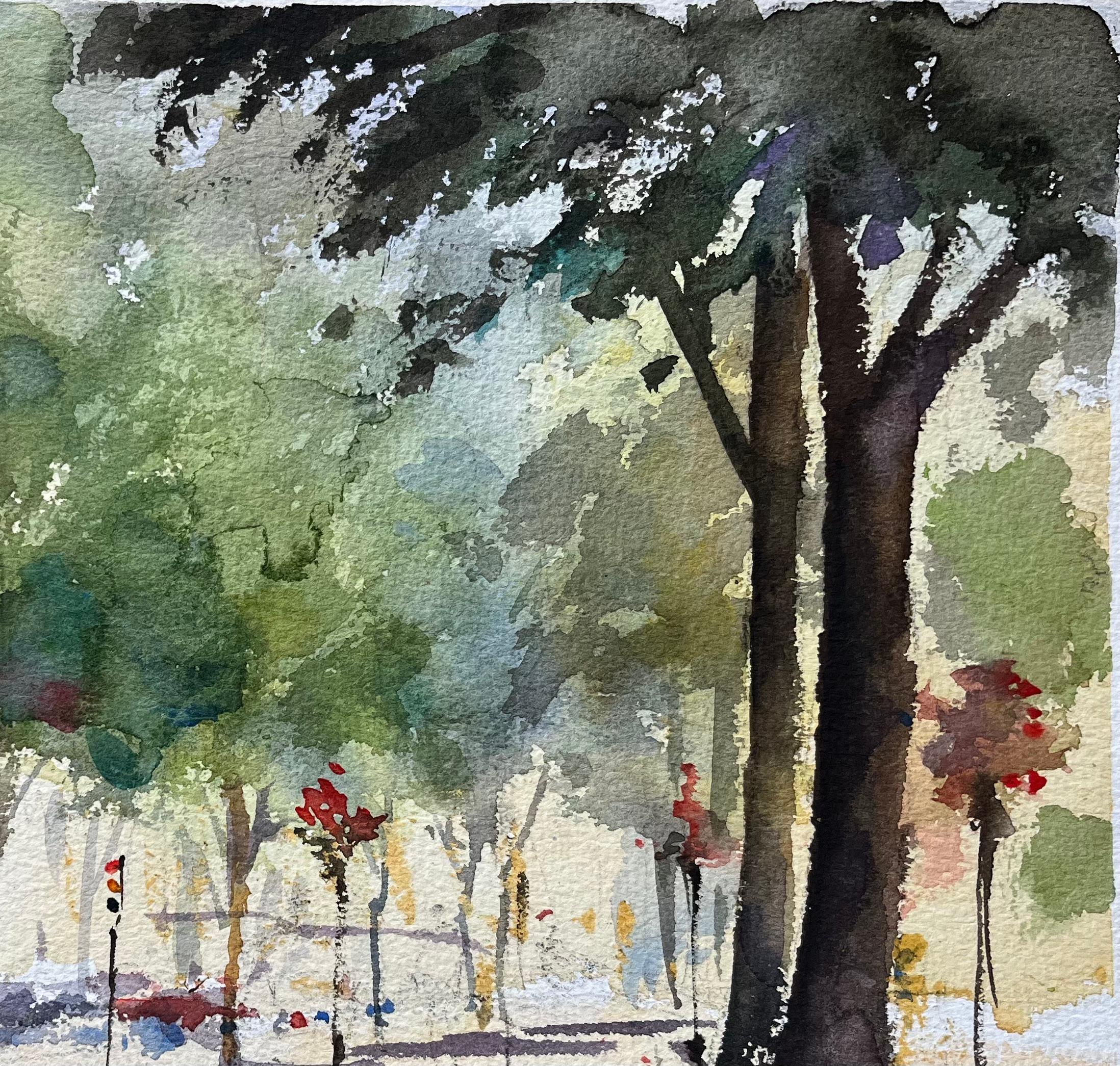 Aquarelle impressionniste britannique de Promenade Cheltenham avec arbres et personnage - Gris Landscape Painting par Anthony Avery