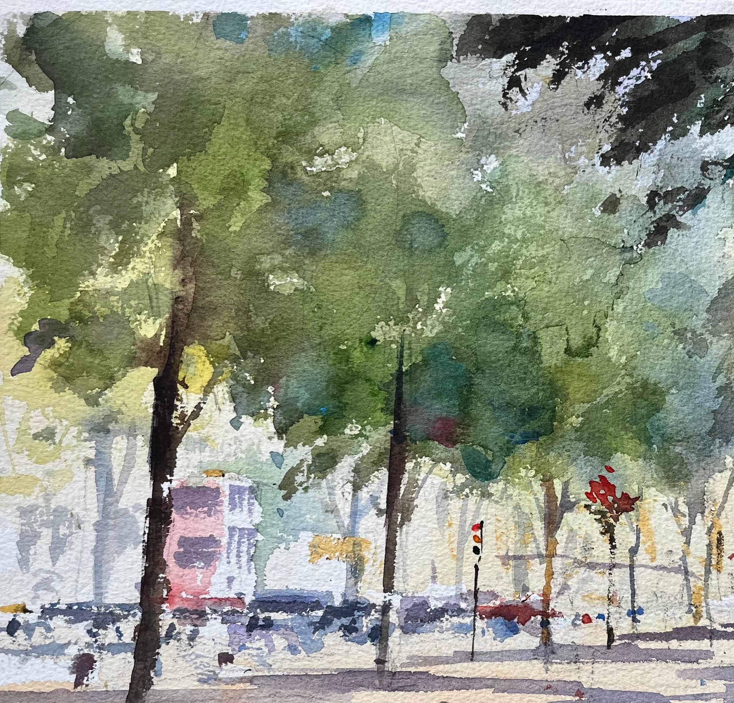 Aquarelle impressionniste britannique de Promenade Cheltenham avec arbres et personnage en vente 1