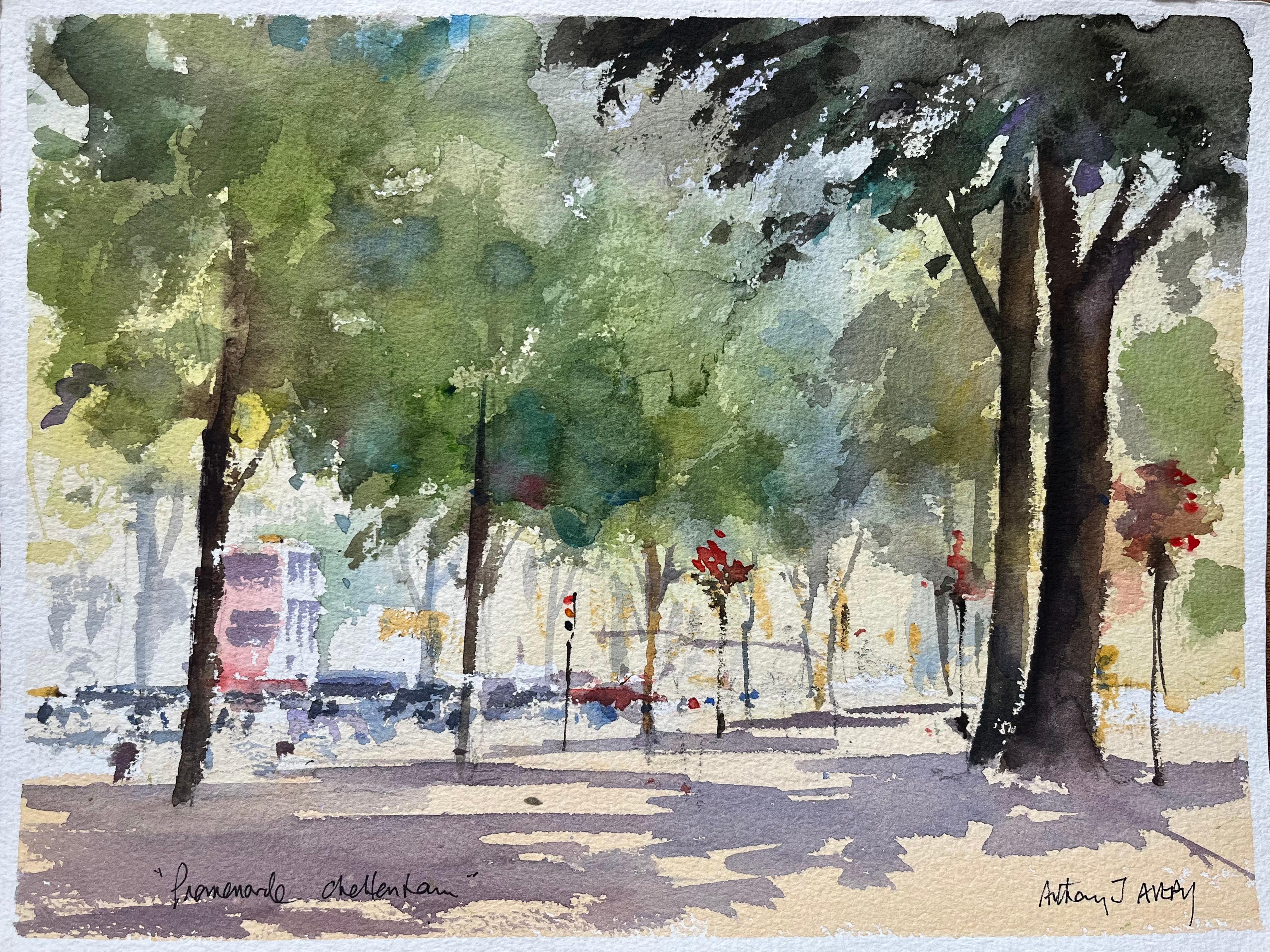Landscape Painting Anthony Avery - Aquarelle impressionniste britannique de Promenade Cheltenham avec arbres et personnage