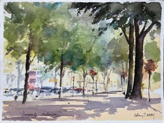 Britisches impressionistisches Aquarell des britischen Impressionismus der Promenade Cheltenham mit Bäumen und Figur