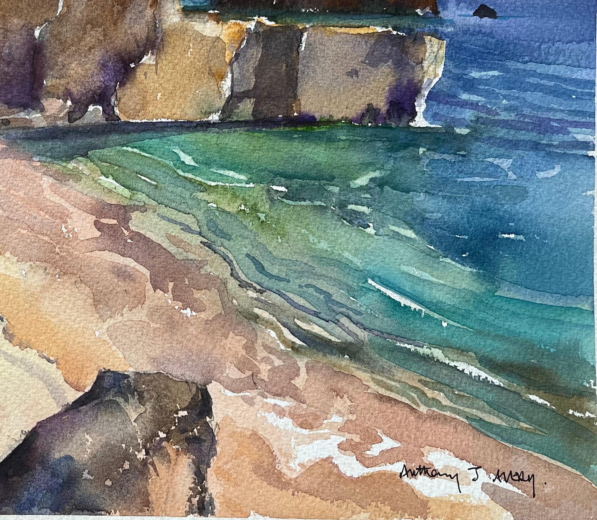 Acuarela impresionista británica de Cala tranquila en Praia da Baleeira, Portugal en venta 1