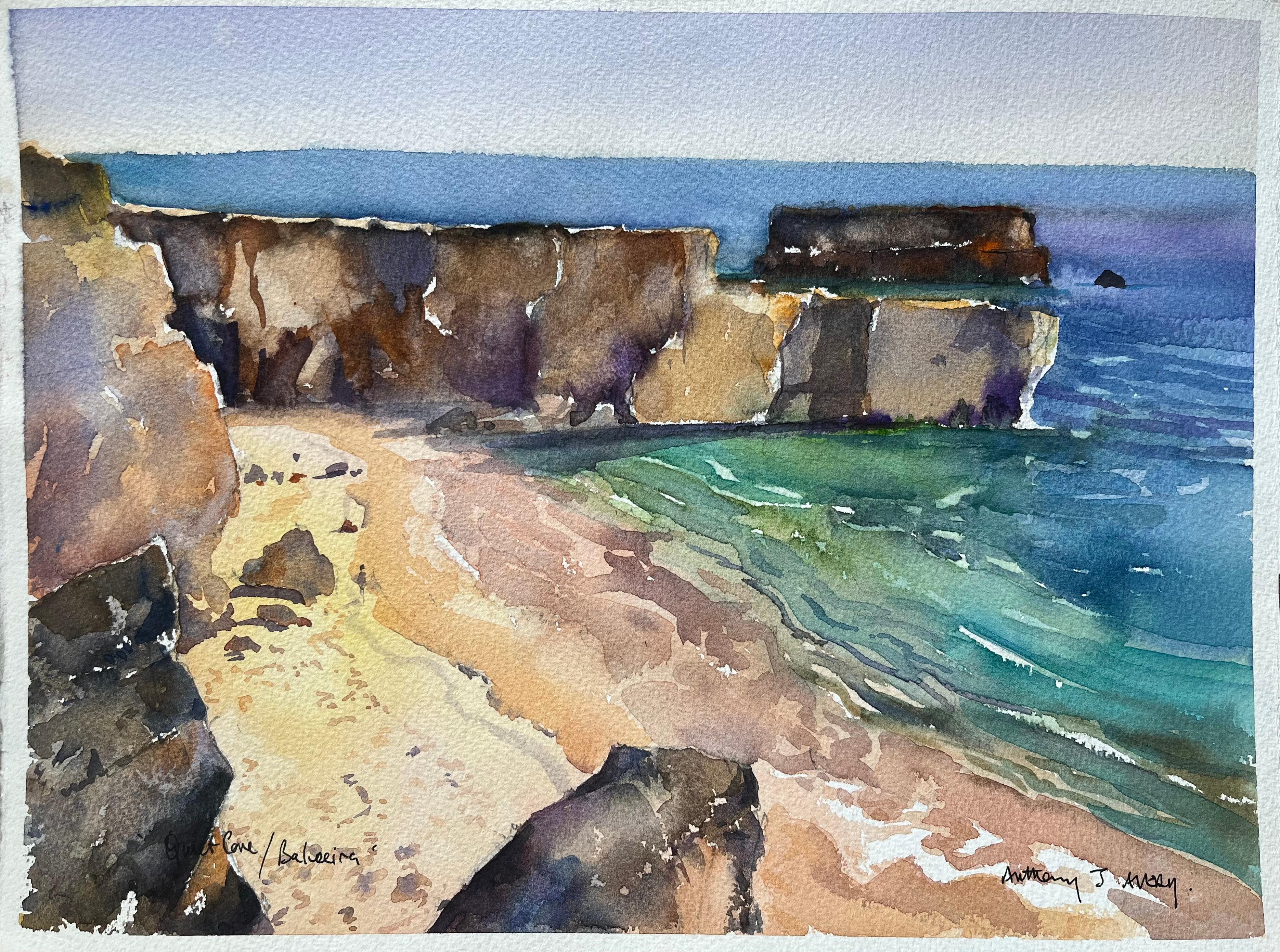 Landscape Painting de Anthony Avery - Acuarela impresionista británica de Cala tranquila en Praia da Baleeira, Portugal