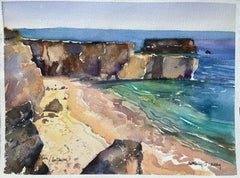 Acuarela impresionista británica de Cala tranquila en Praia da Baleeira, Portugal