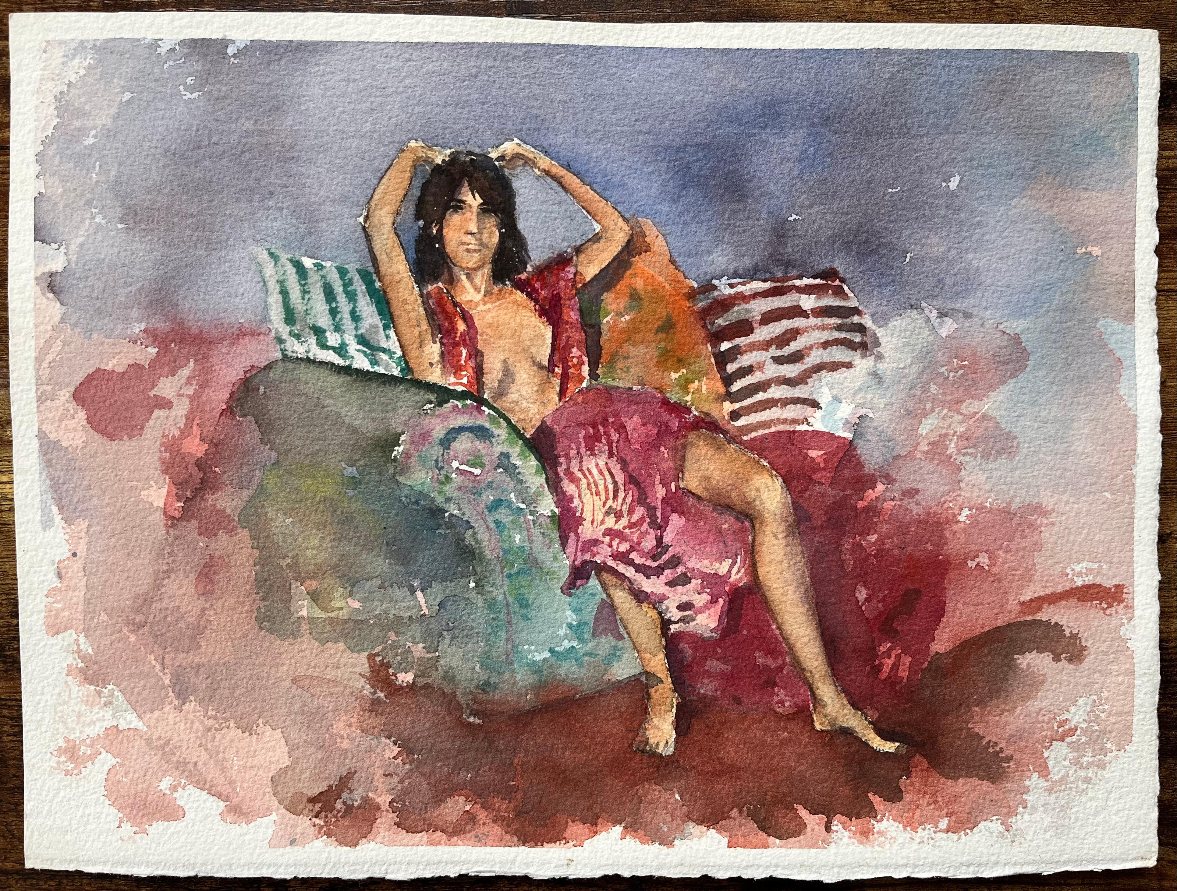 Britischer Impressionist Aquarell der liegenden Figur in lebendigem Interieur – Painting von Anthony Avery