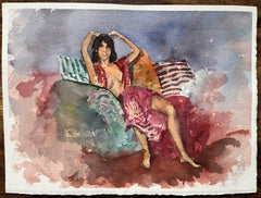 British Impressionist Watercolor of Reclining Figure in Vibrant Interior