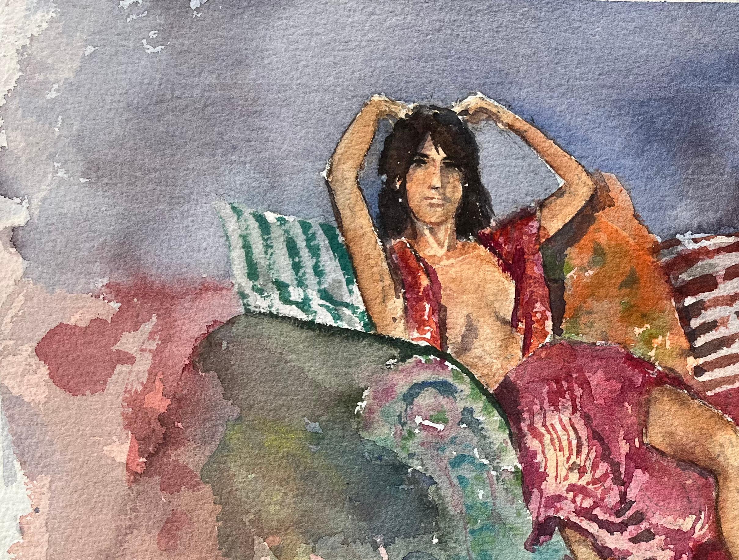 Britischer Impressionist Aquarell der liegenden Figur in lebendigem Interieur (Braun), Landscape Painting, von Anthony Avery