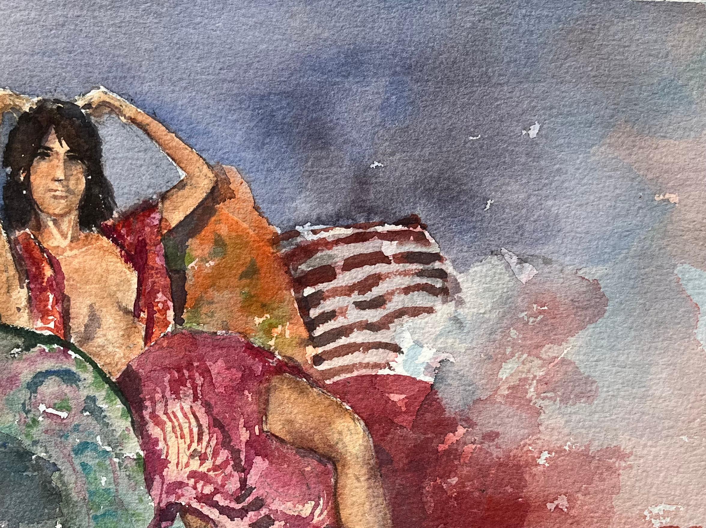 Titel: Aquarell eines britischen Impressionisten mit liegender Figur in lebhaftem Interieur
Von Anthony Avery (Brite 1946-2023)
Original-Aquarell auf Künstlerpapier, ungerahmt
Abmessungen: 11,25 x 15,25 Zoll (Höhe x Breite)
Zustand: Gut, mit