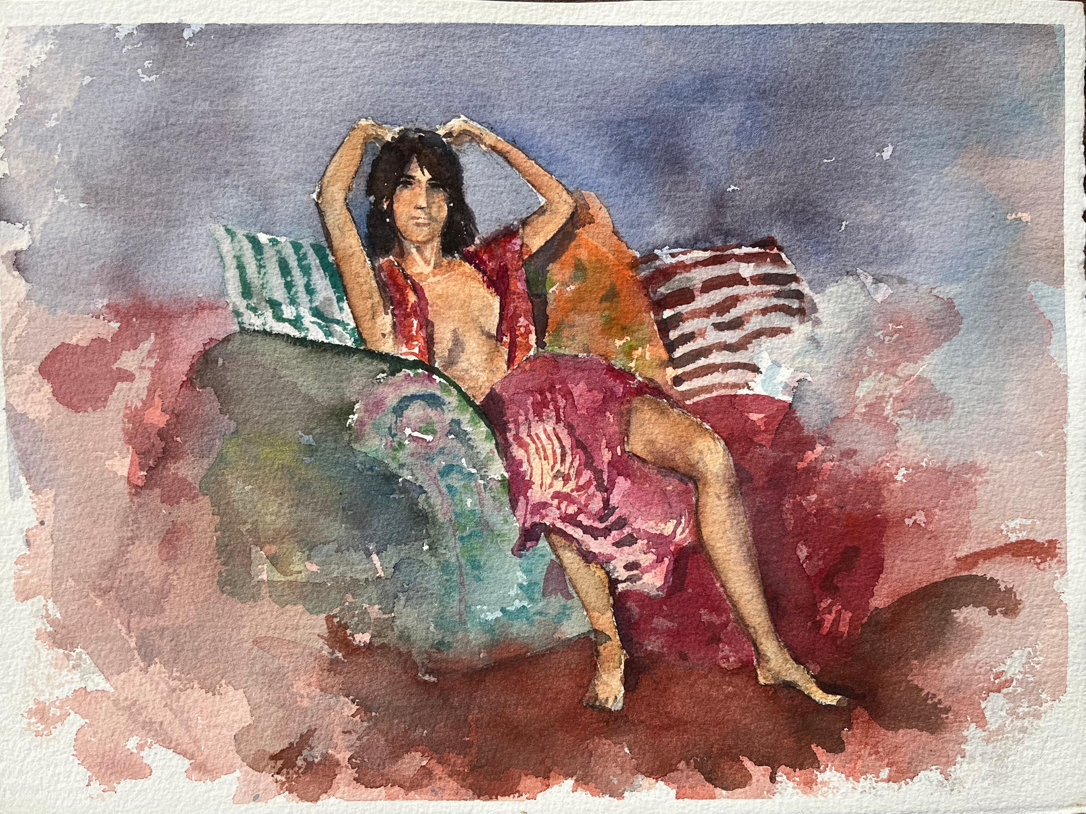 Anthony Avery Landscape Painting – Britischer Impressionist Aquarell der liegenden Figur in lebendigem Interieur