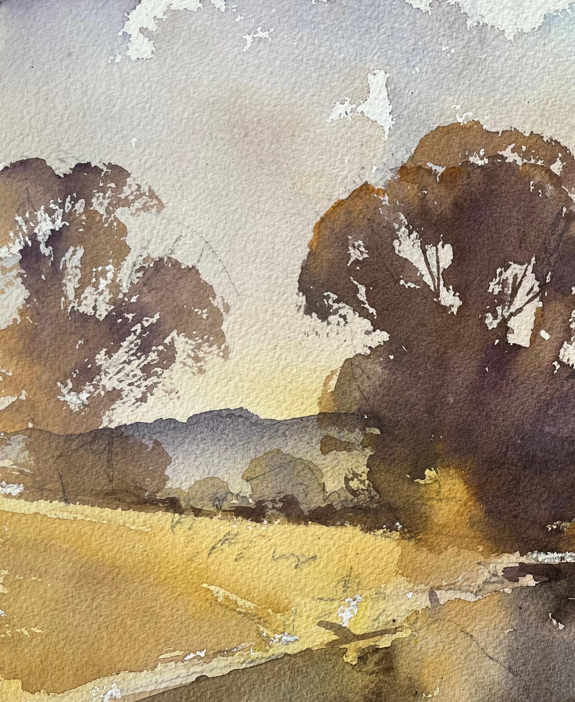 Acquerello impressionista britannico di alberi riflessi da un fiume calmo al tramonto - Painting Impressionismo di Anthony Avery