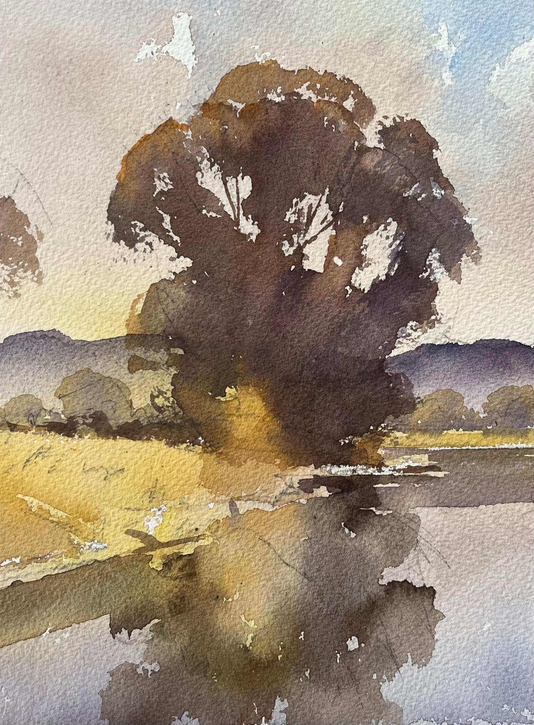 Acquerello impressionista britannico di alberi riflessi da un fiume calmo al tramonto - Landscape Painting Beige di Anthony Avery