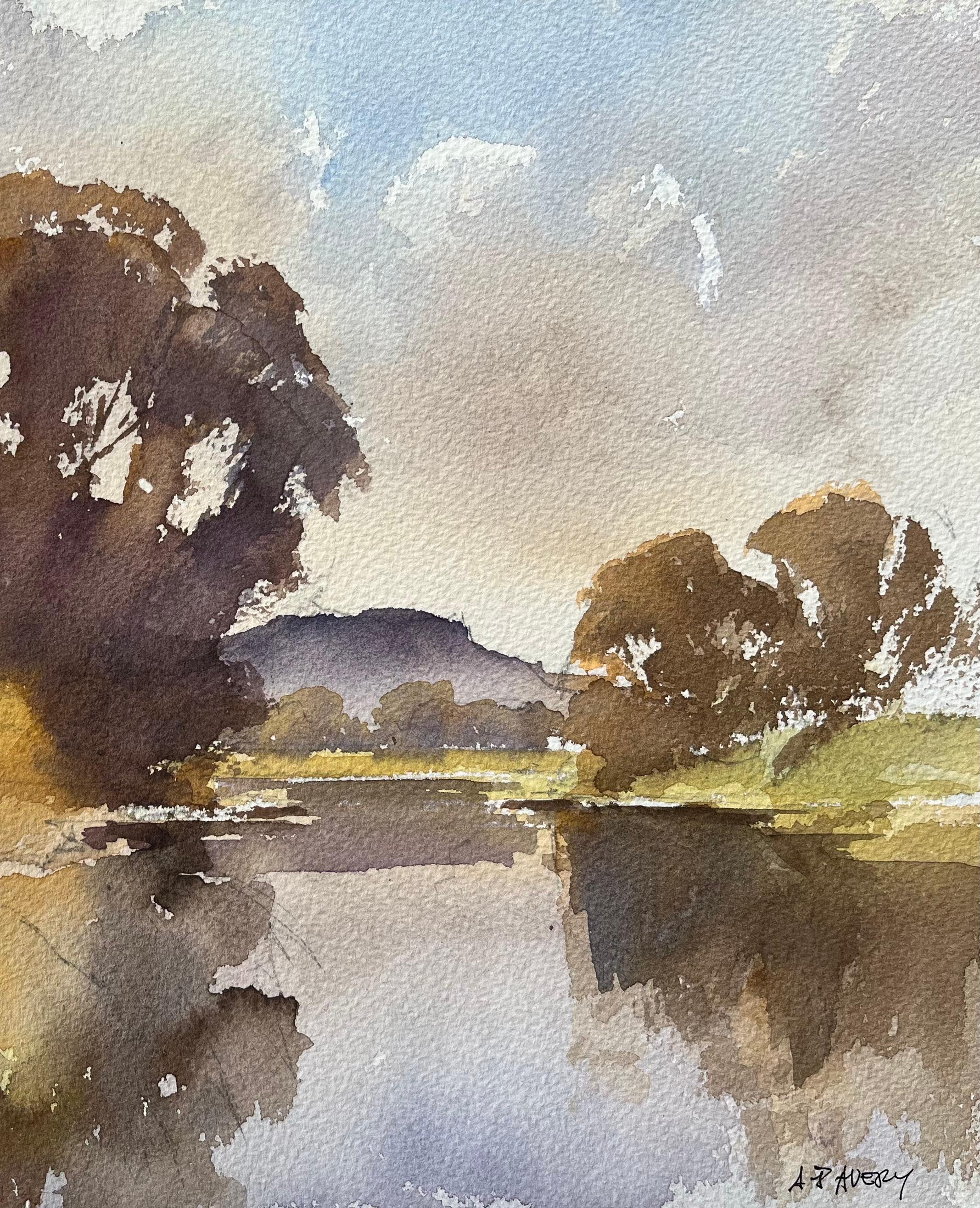 Titolo: Acquerello impressionista britannico di alberi riflessi da un fiume calmo al tramonto
di Anthony Avery (Regno Unito 1946-2023)
Acquerello originale su carta per artisti, senza cornice
Dimensioni: 11 x 15 pollici (altezza x