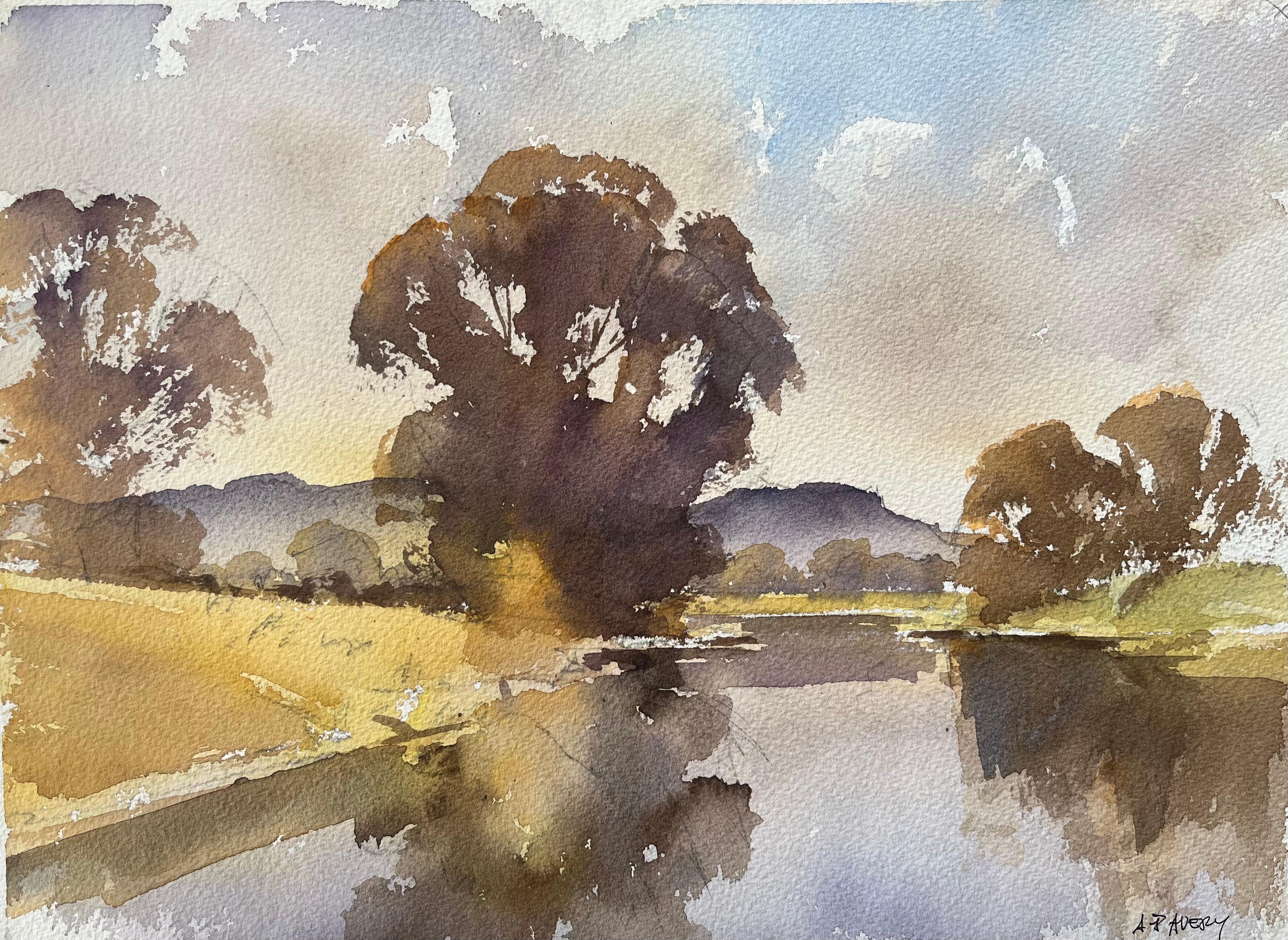 Landscape Painting di Anthony Avery - Acquerello impressionista britannico di alberi riflessi da un fiume calmo al tramonto