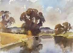 Britischer Impressionist Aquarell von reflektierten Bäumen an einem ruhigen Fluss in der Abenddämmerung