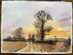 British Impressionist Watercolor of Riders on Country Path at Sunset