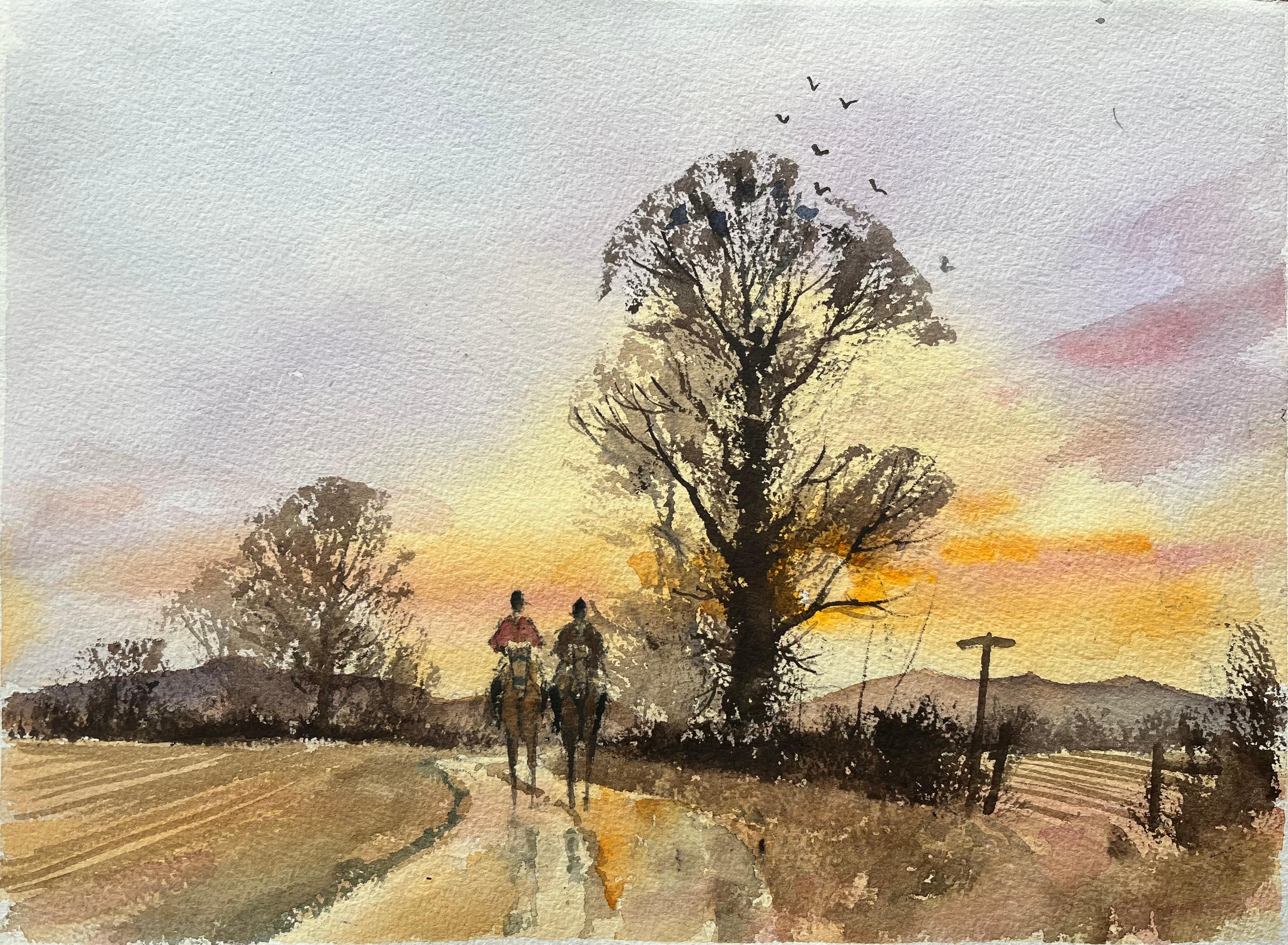 Landscape Painting de Anthony Avery - Acuarela impresionista británica de jinetes en un camino rural al atardecer