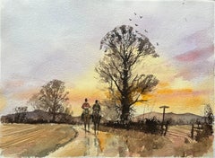 British Impressionist Watercolor of Riders on Country Path at Sunset