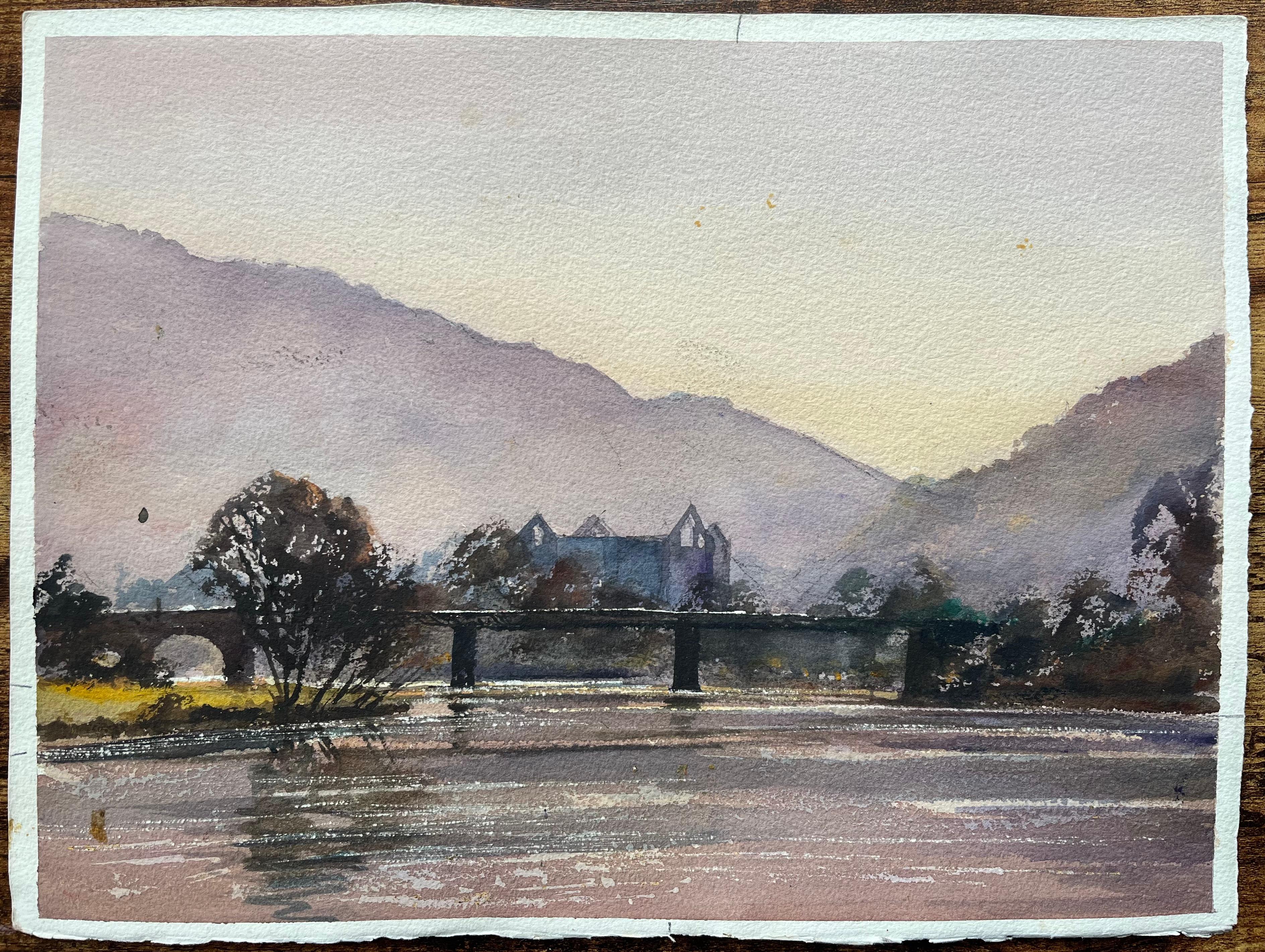 British Impressionist Watercolor of River and Distant Abbey - Painting by Anthony Avery