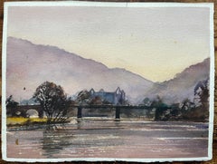British Impressionist Watercolor of River and Distant Abbey