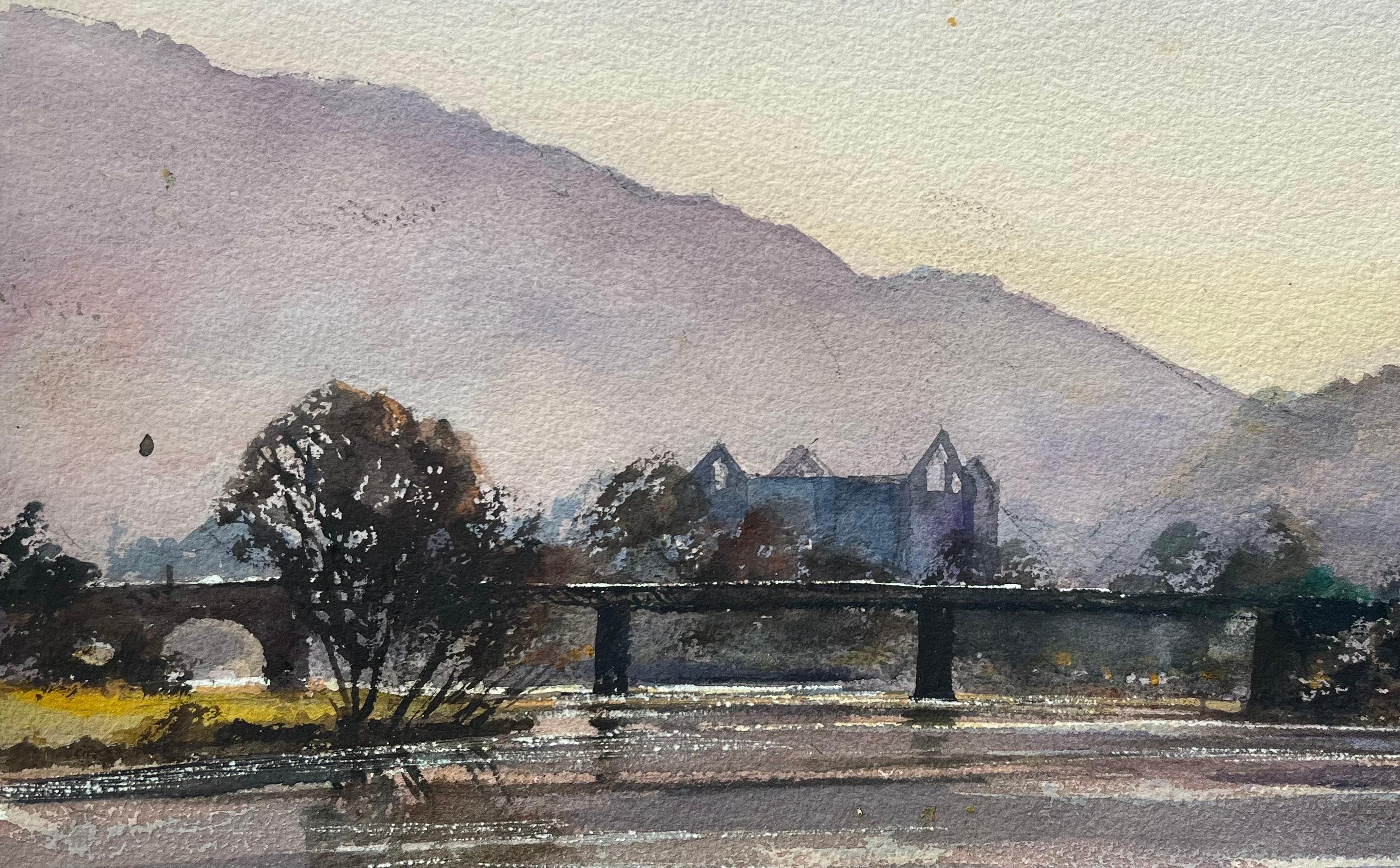 British Impressionist Watercolor of River and Distant Abbey - Gray Landscape Painting by Anthony Avery